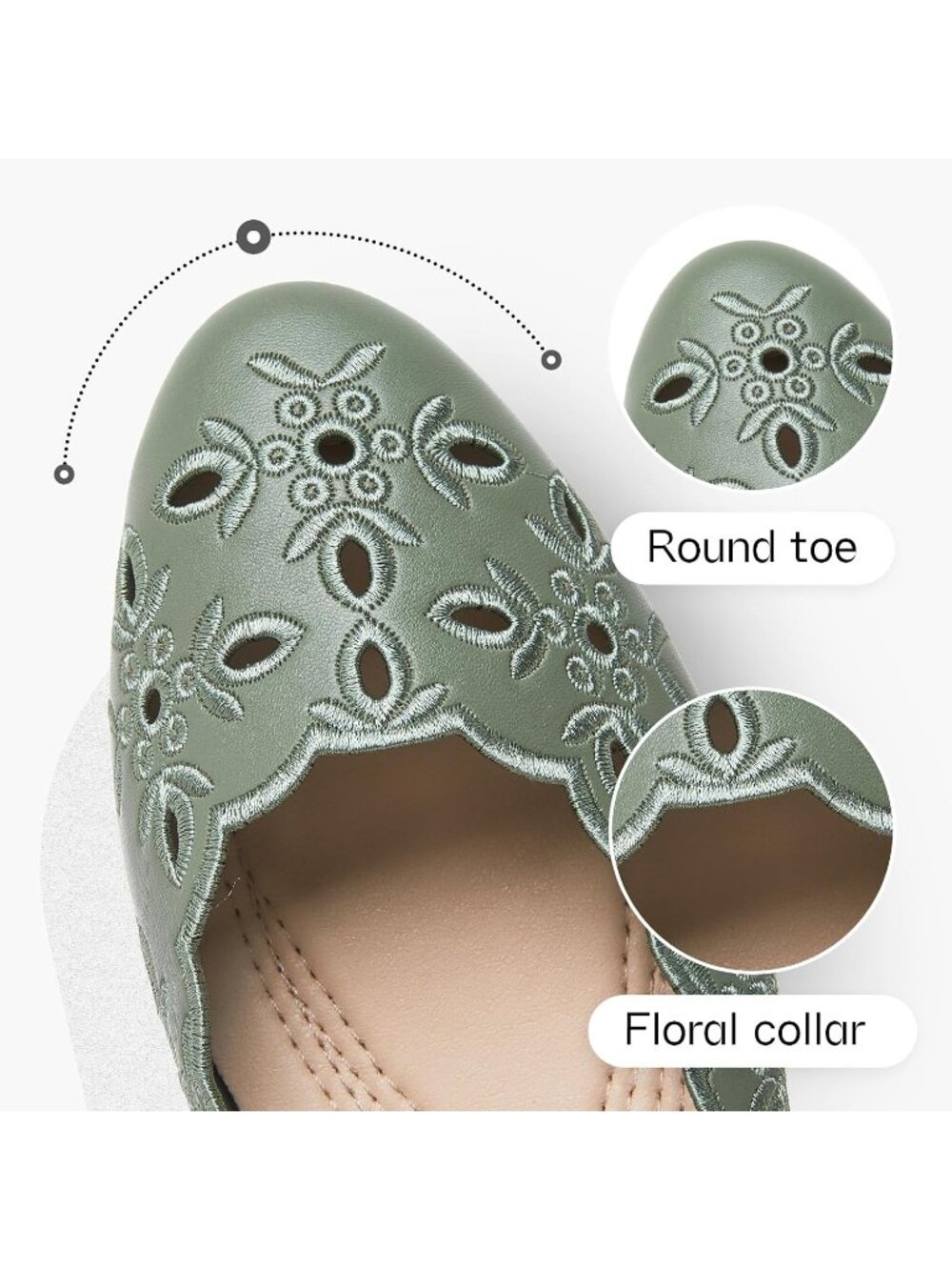 Women's Green Floral Ballet Flats Comfortable Slip On Dressy Casual Shoes - Picture 4 of 6